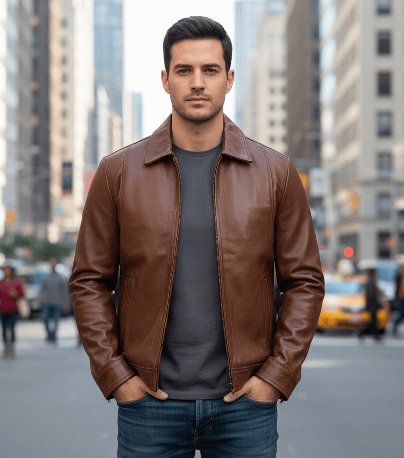 Stylish leather jacket in urban setting